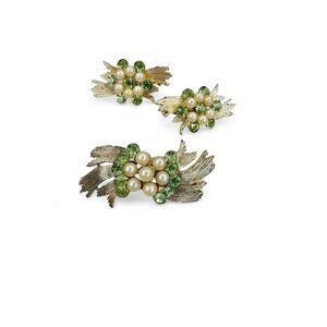 BSK Green Rhinestone Faux Pearls Brooch Clip On Earrings Vintage Set